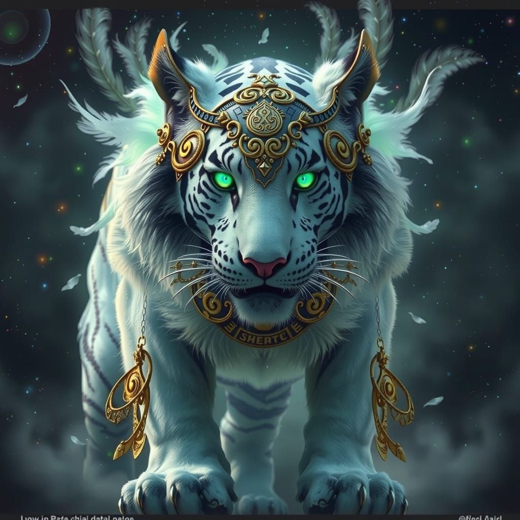 Celestial White Tiger with Golden Mask in Mystical Style