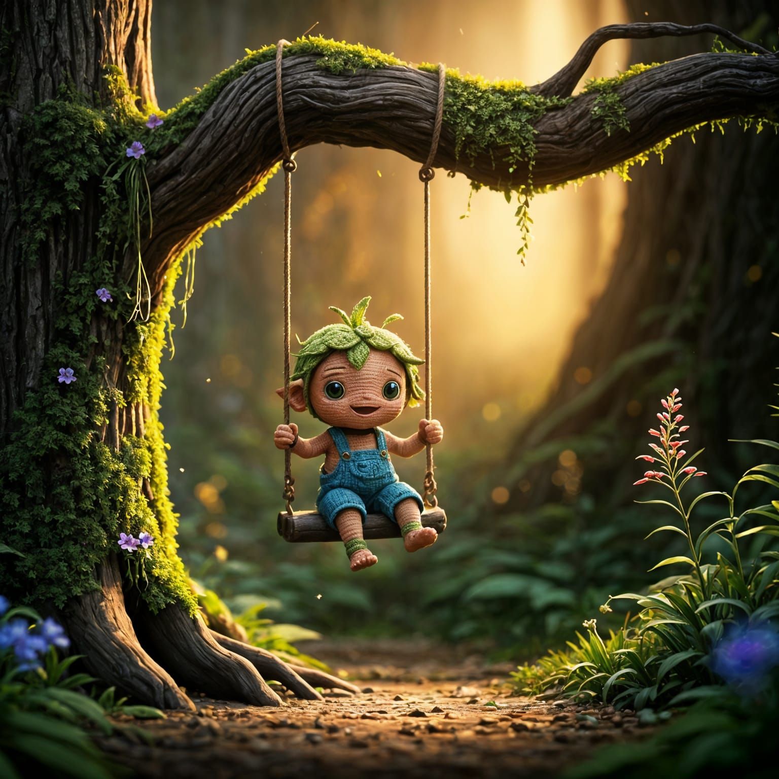 Crocheted Plant Kid on Tire Swing in 3D