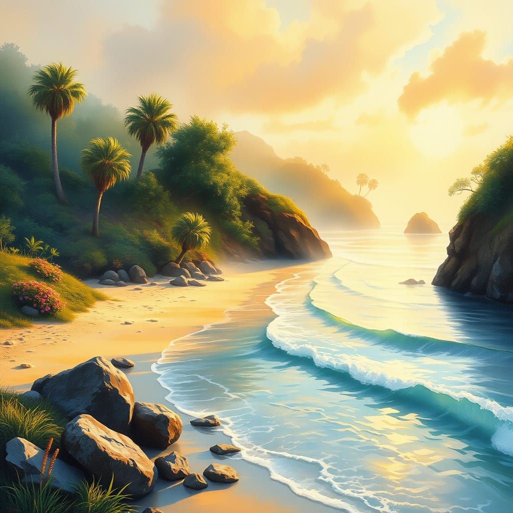 Serene Summer Beach Scene in Gouache Style