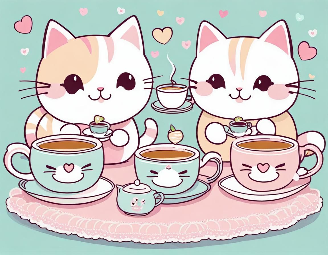 Kawaii Cats Having Tea in Pastel Colors