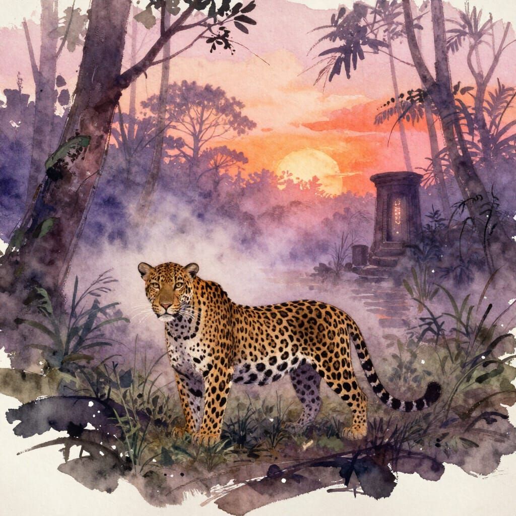 Vintage Watercolour Leopard in Swamp at Dusk