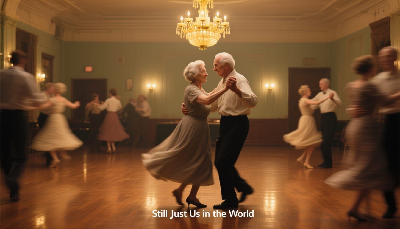 Elderly Couple Dancing in Softly Lit Dance Hall