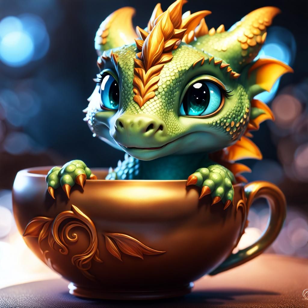 Cute Baby Dragon Portrait in Art Nouveau Style