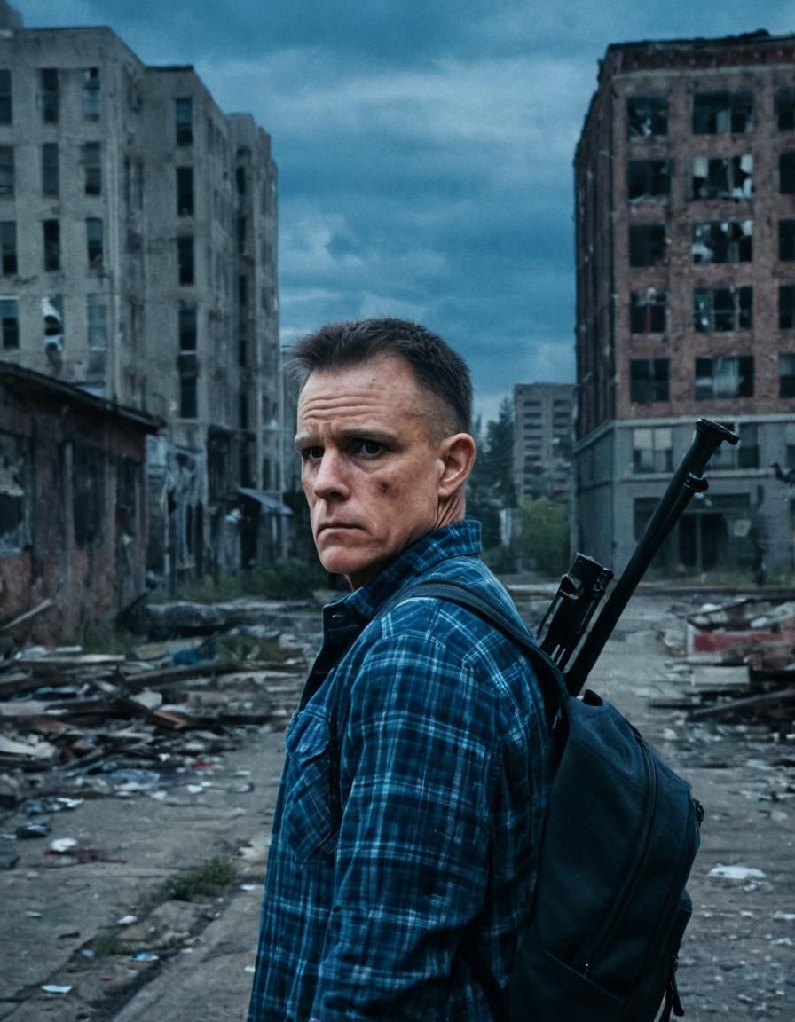 Ominous Figure in Ruined Cityscape: Cinematic Realism