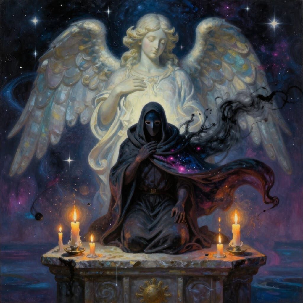 Cosmic Vigil: Masked Figure at Star Altar
