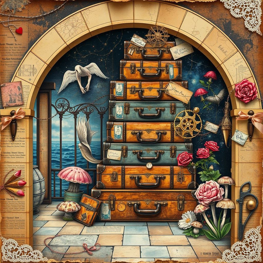 Whimsical Steampunk Suitcase Collage in Vintage Train Statio...