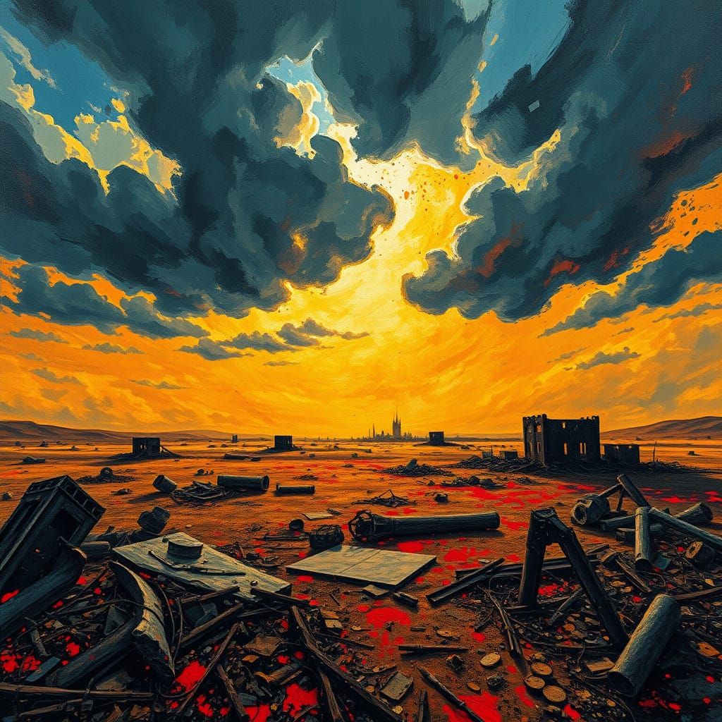 War-Torn Landscape in Expressive, Impasto Style