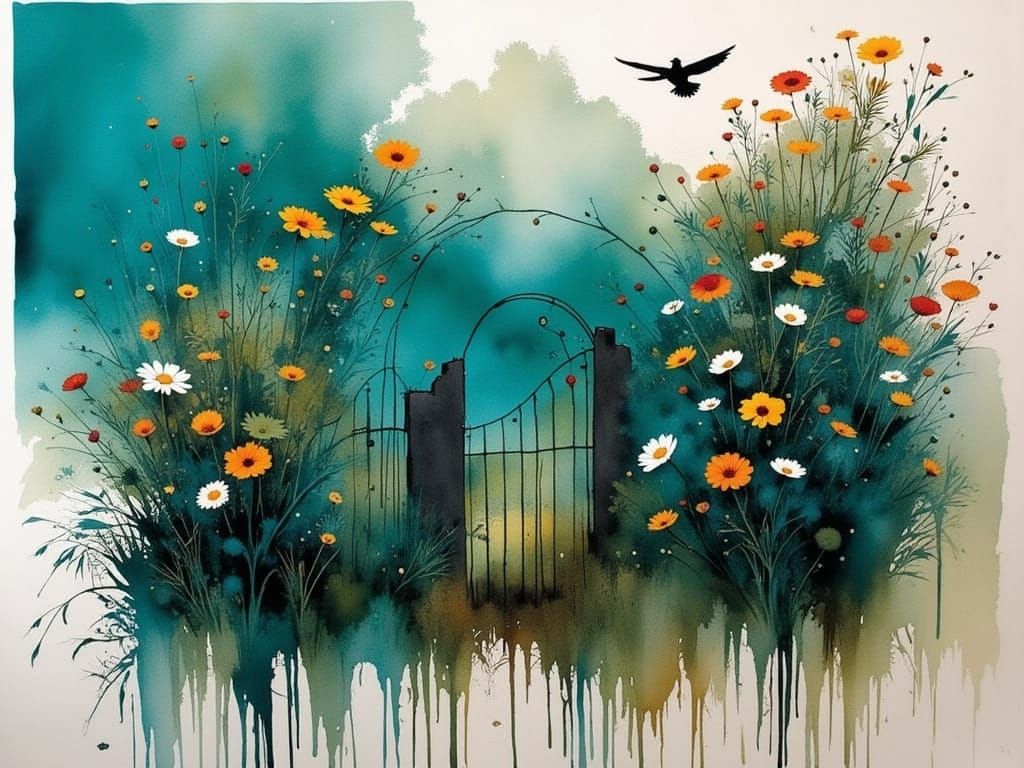 Enchanting Turquoise Garden in Watercolor Linocut Style