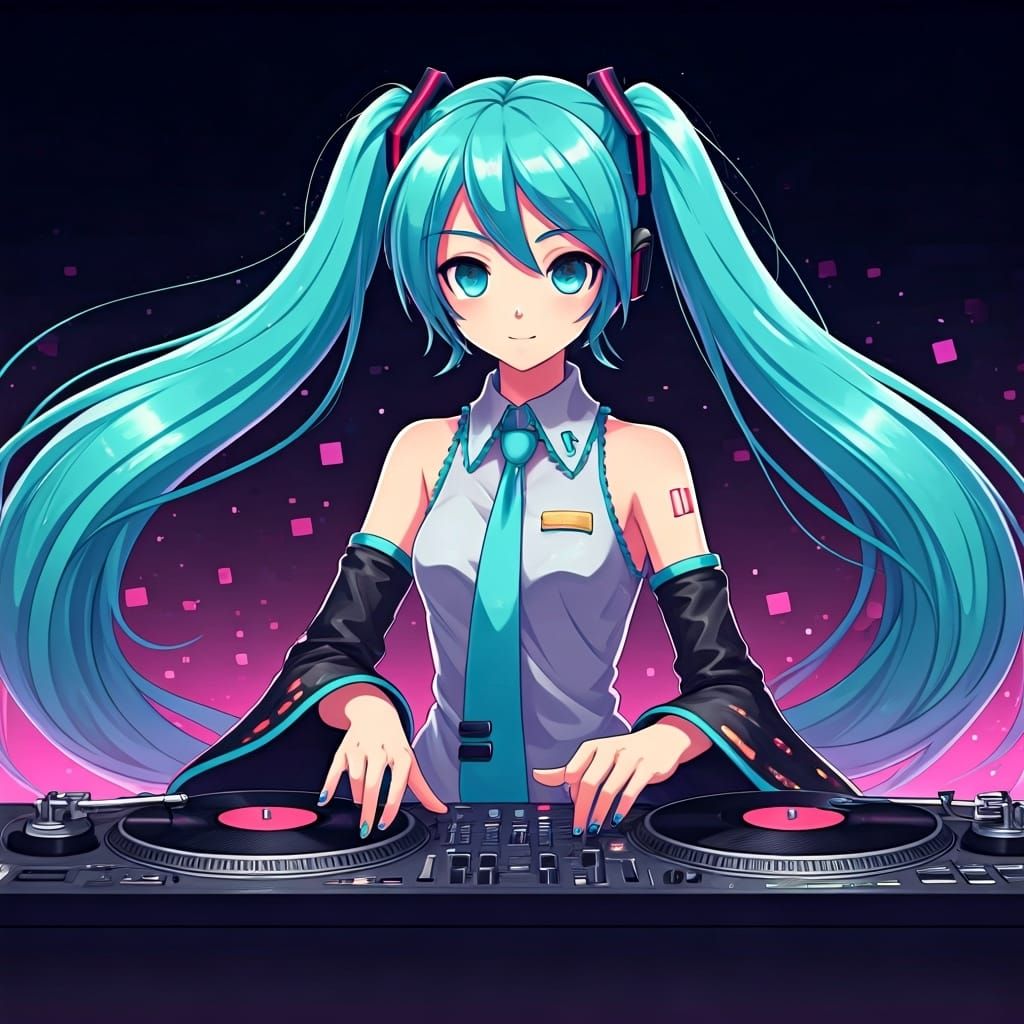 Hatsune Miku Scratching Record Player: Futuristic Illustrati...