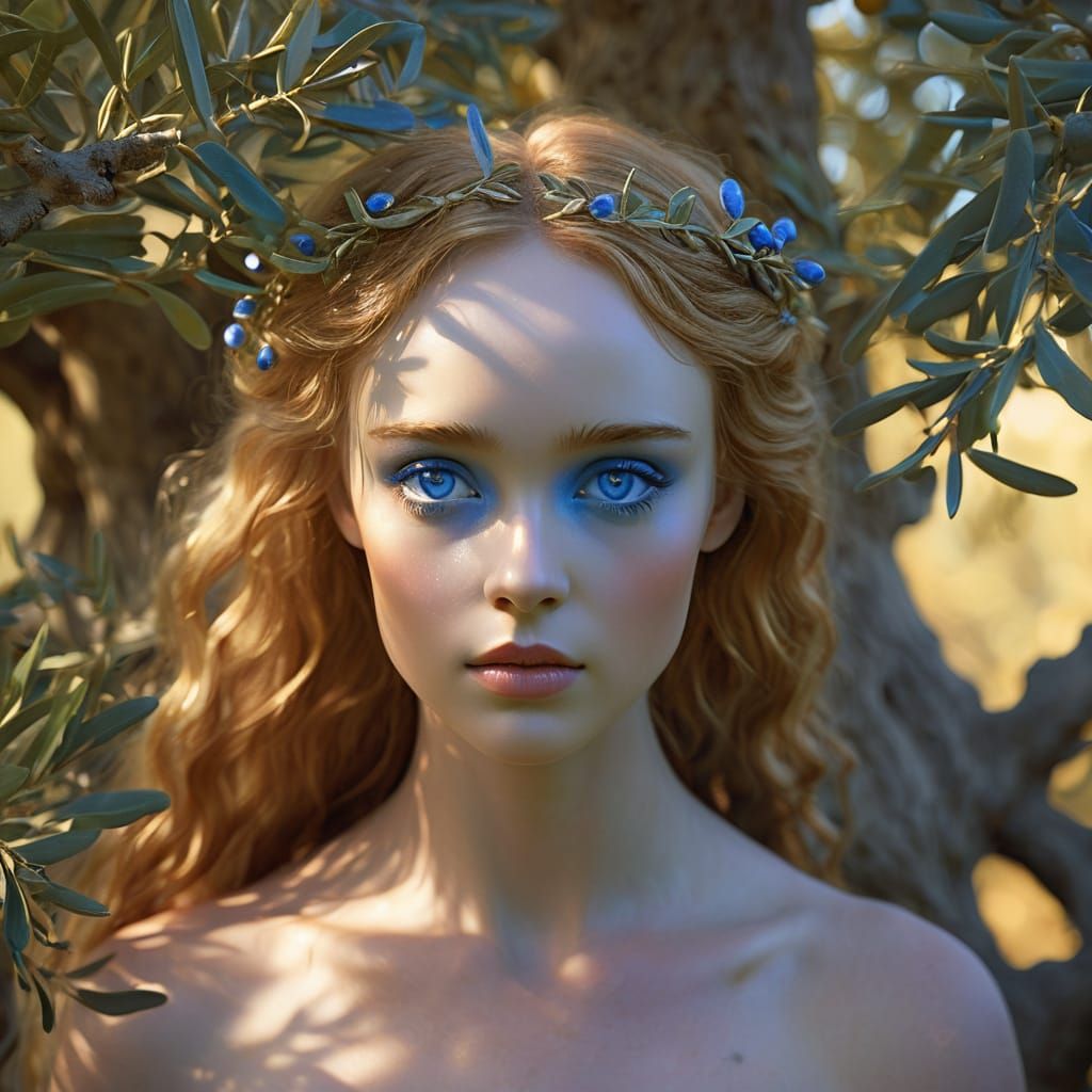 Mythical creature art. Medium portrait shot of Orseis Olivea, a blend of dryad and nymph, standing near an ancient olive...