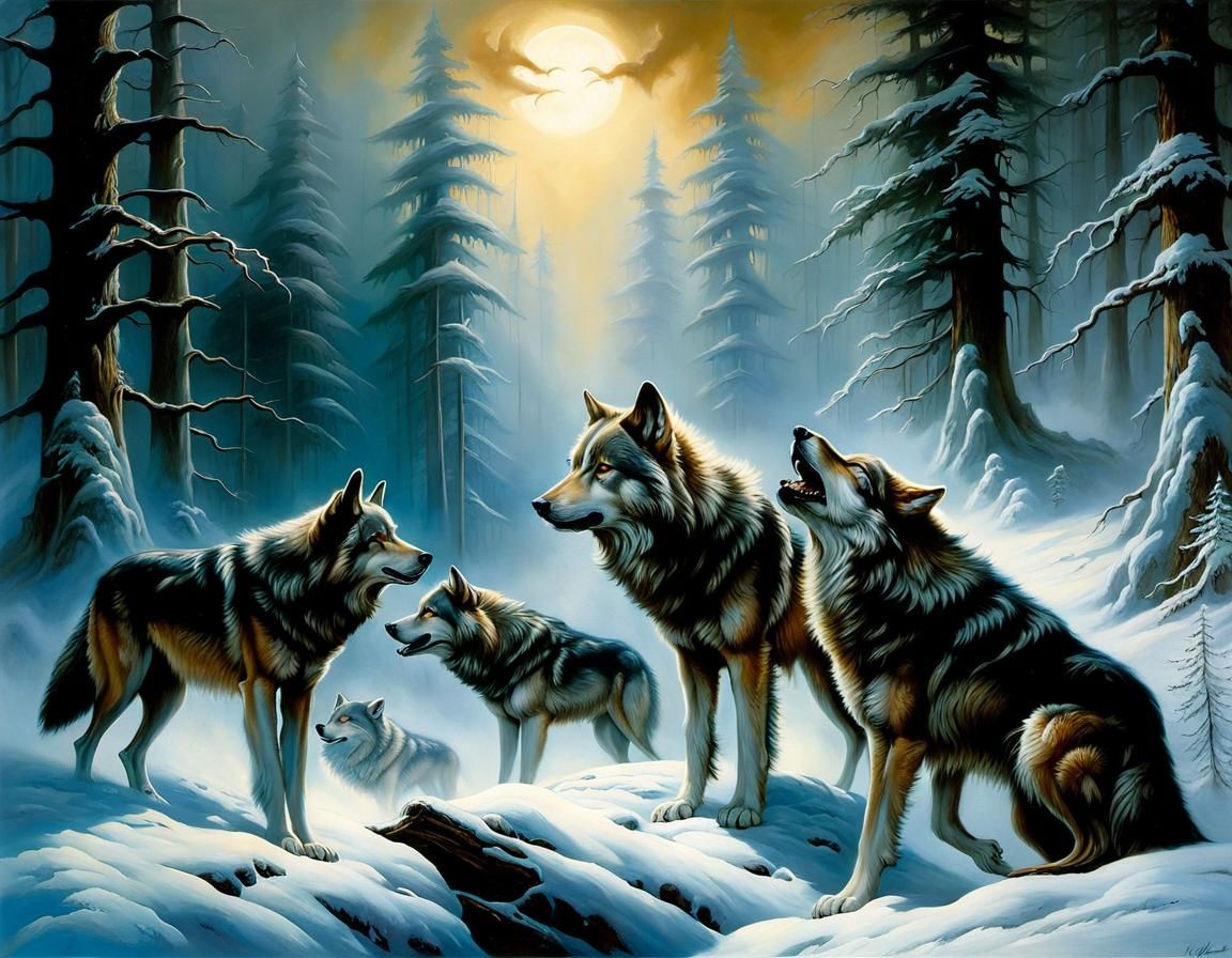 Wolves Roaming: Ethereal Oil Painting in Fantasy Style