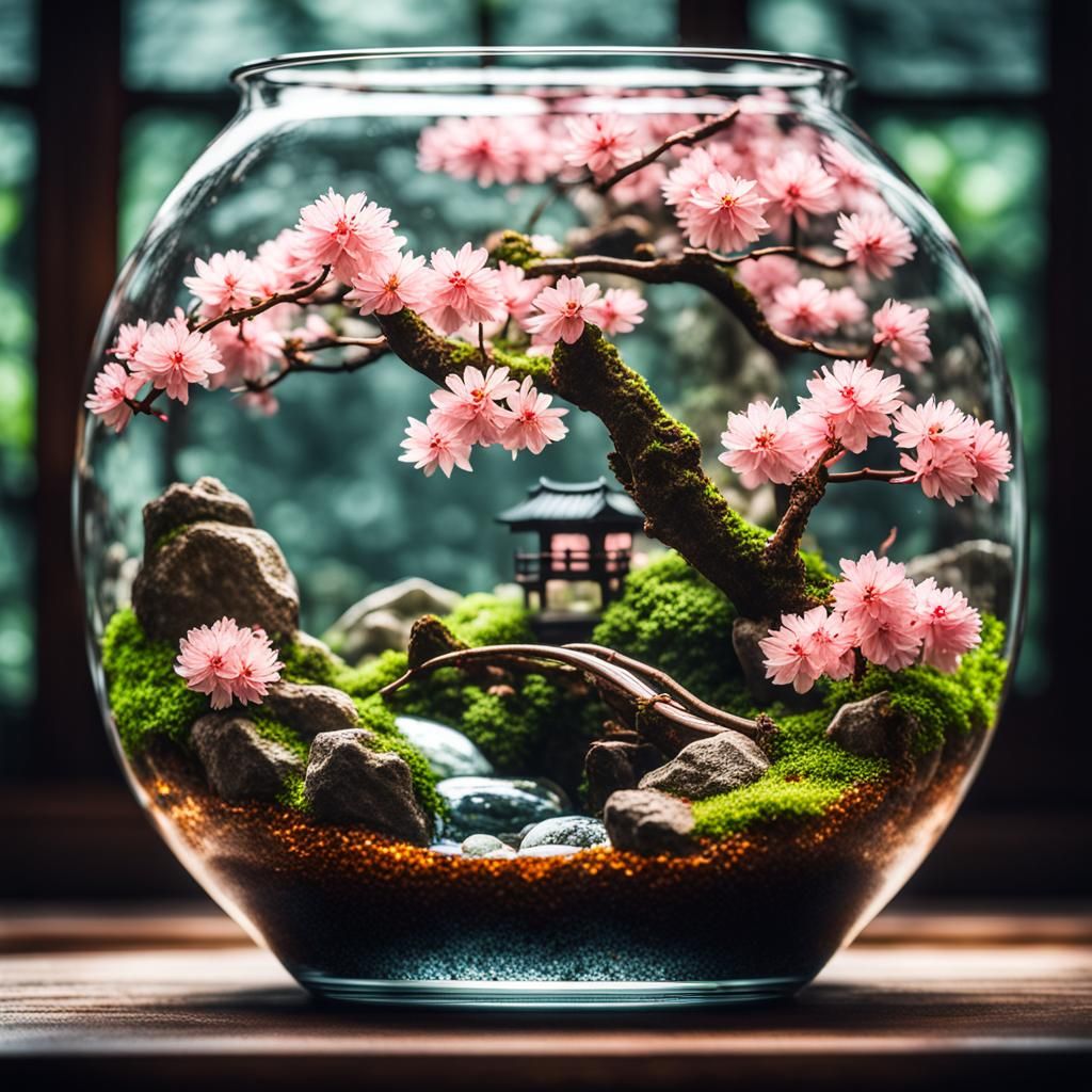Japanese Terrarium with Sakura Garden, Hyperrealistic