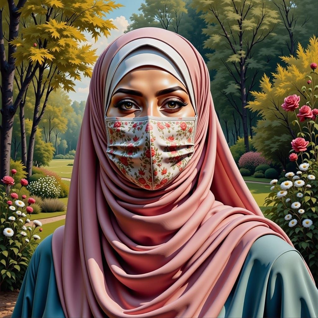 Veiled Woman in Botanic Garden Portrait