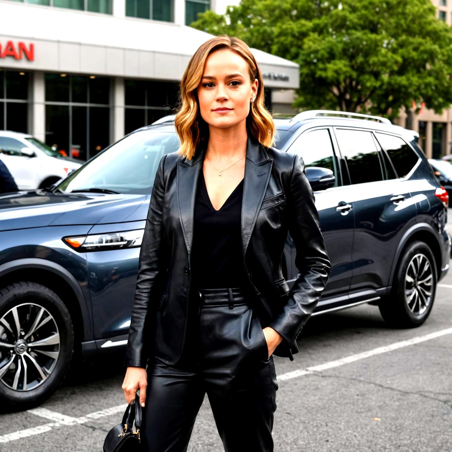 Brie Larson Promotes Nissan SUV in Leather Suit