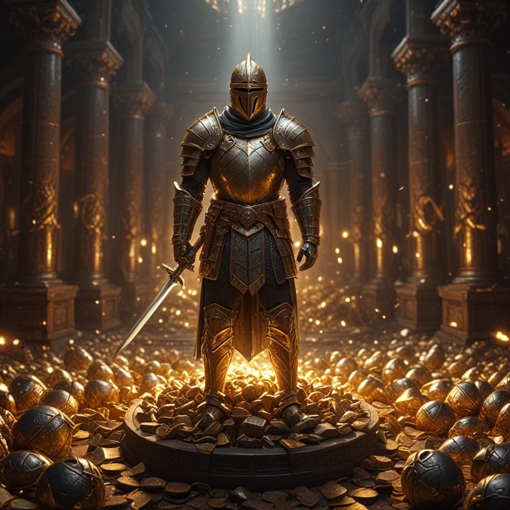 Knight in Treasure Hoard with Dramatic Lighting