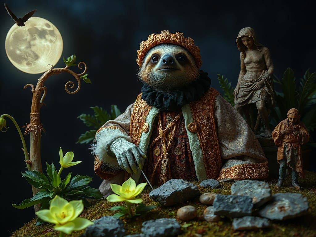 Rococo Sloth Tends Magical Moonlit Garden in Oil Painting St...