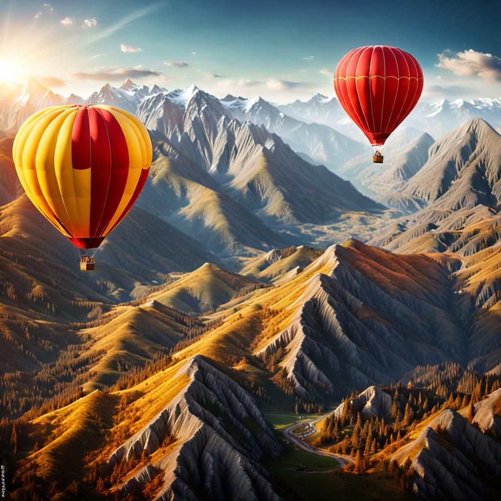 Hot Air Balloon Over Majestic Mountains in Sharp Focus