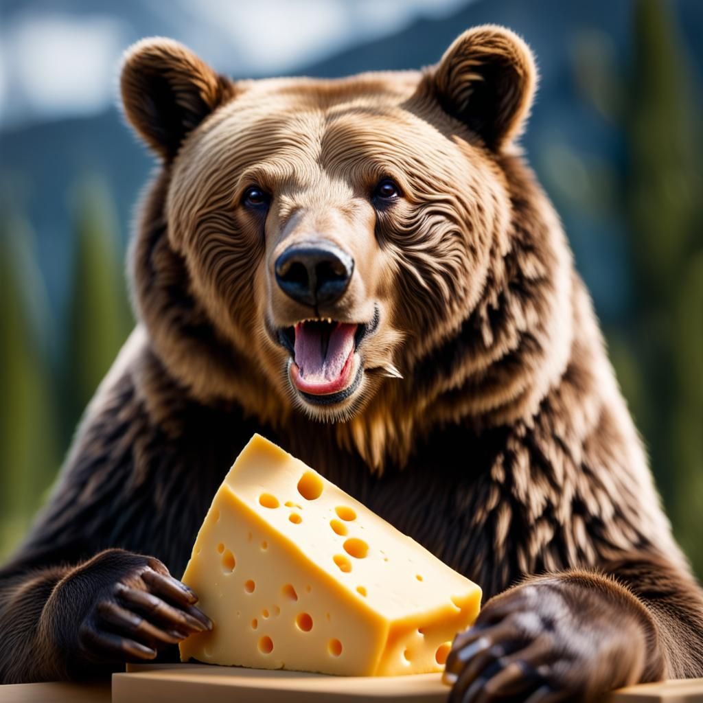 Hyperrealistic Bear Enjoys Cheese, Professional Photography