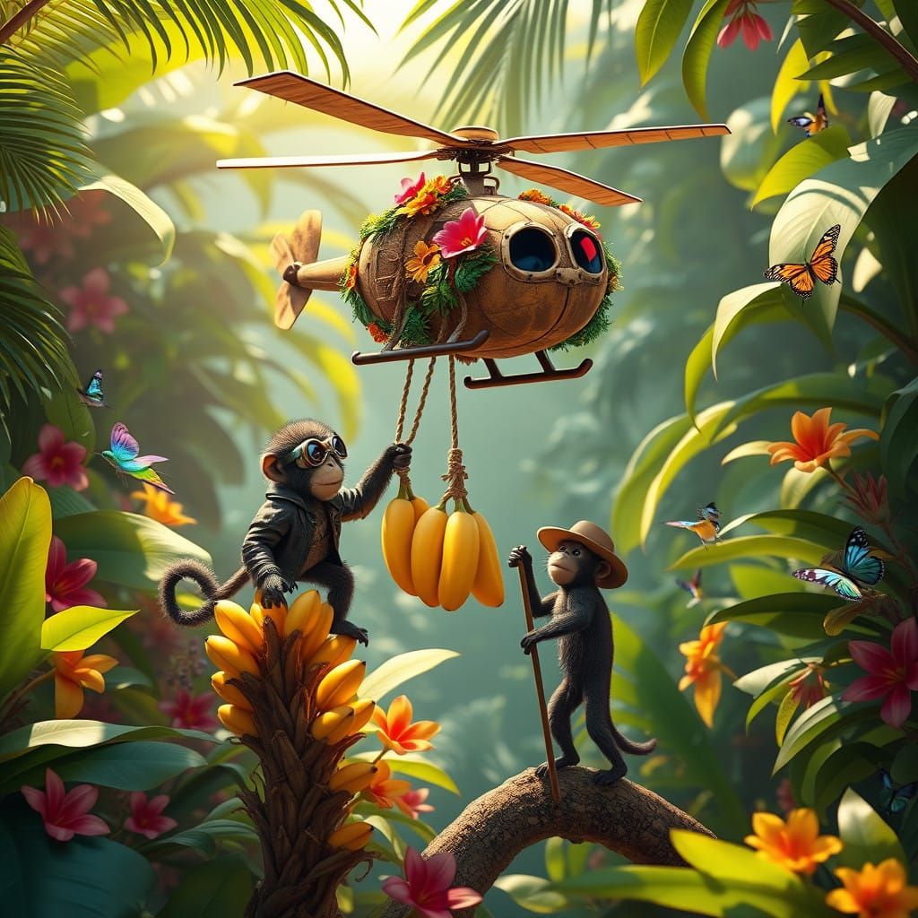 Whimsical Tropical Fantasy with Monkeys and a Coconut Helico...