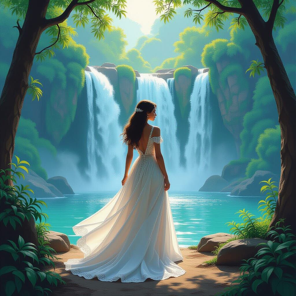 Serene Woman at Waterfall in Dreamlike Impressionistic Style