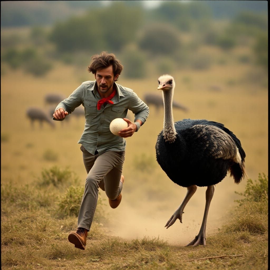 A man running chased by an ostrich. The man is holding an os...