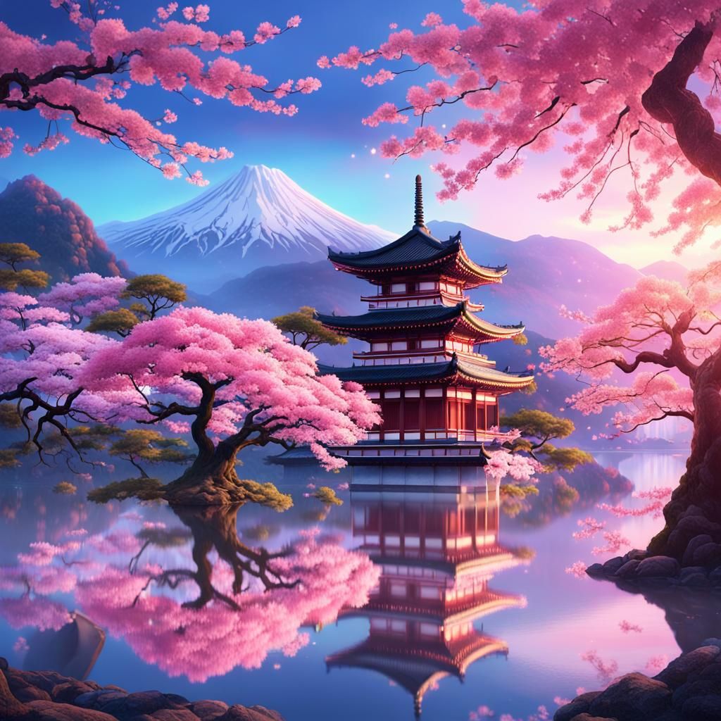Sakura Tree by Lake: Fantastical Concept Art