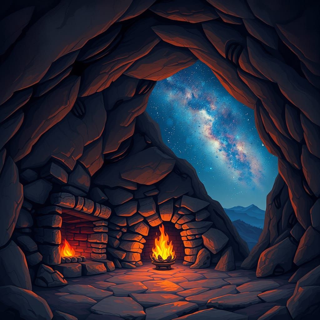 Starry Night Cave with Warm Fireplace
