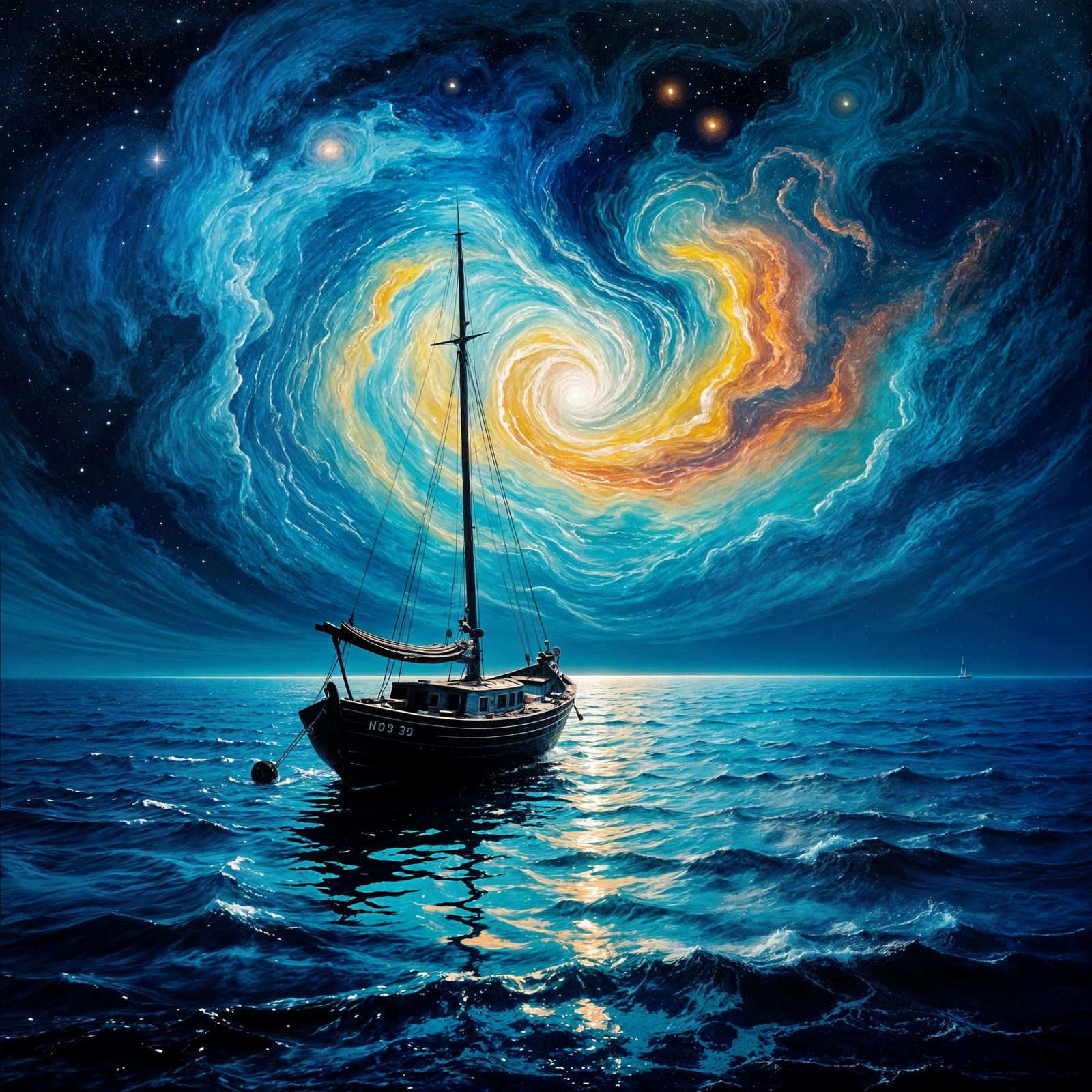 Weathered Boat Adrift Under Vibrant Nebula Sky