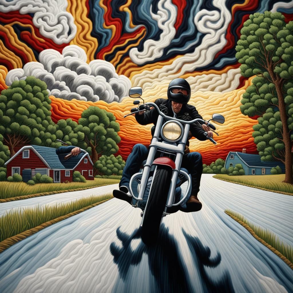 3D Embroidery: Man Riding Harley on Winding Road