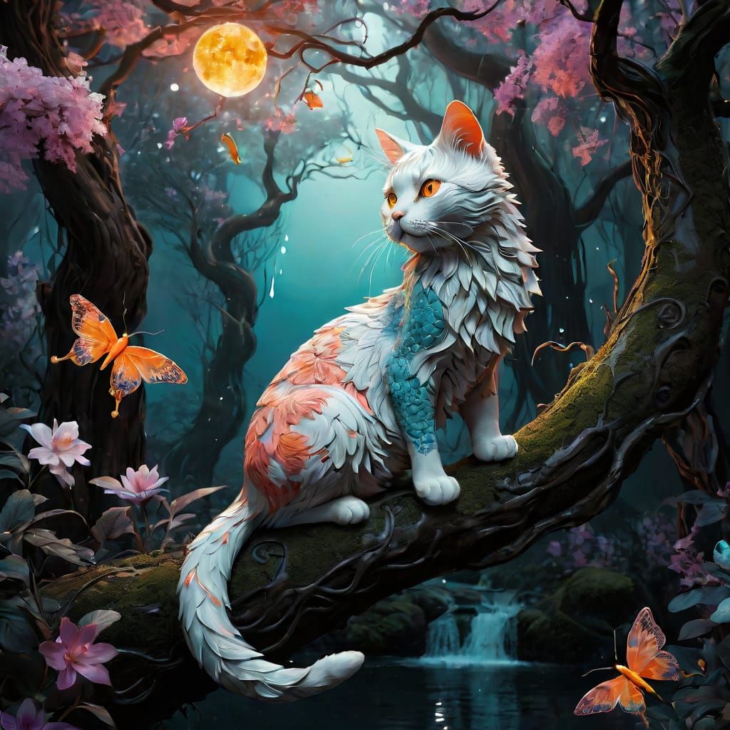 Mystical Koi Cat in Enchanted Forest