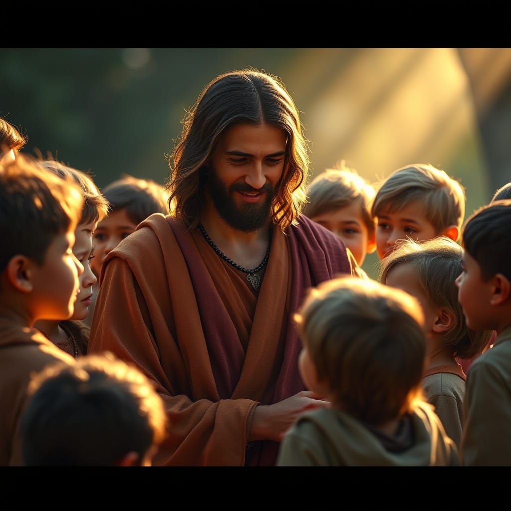 Jesus Surrounded by Children in a Serene Summer Afternoon Sc...