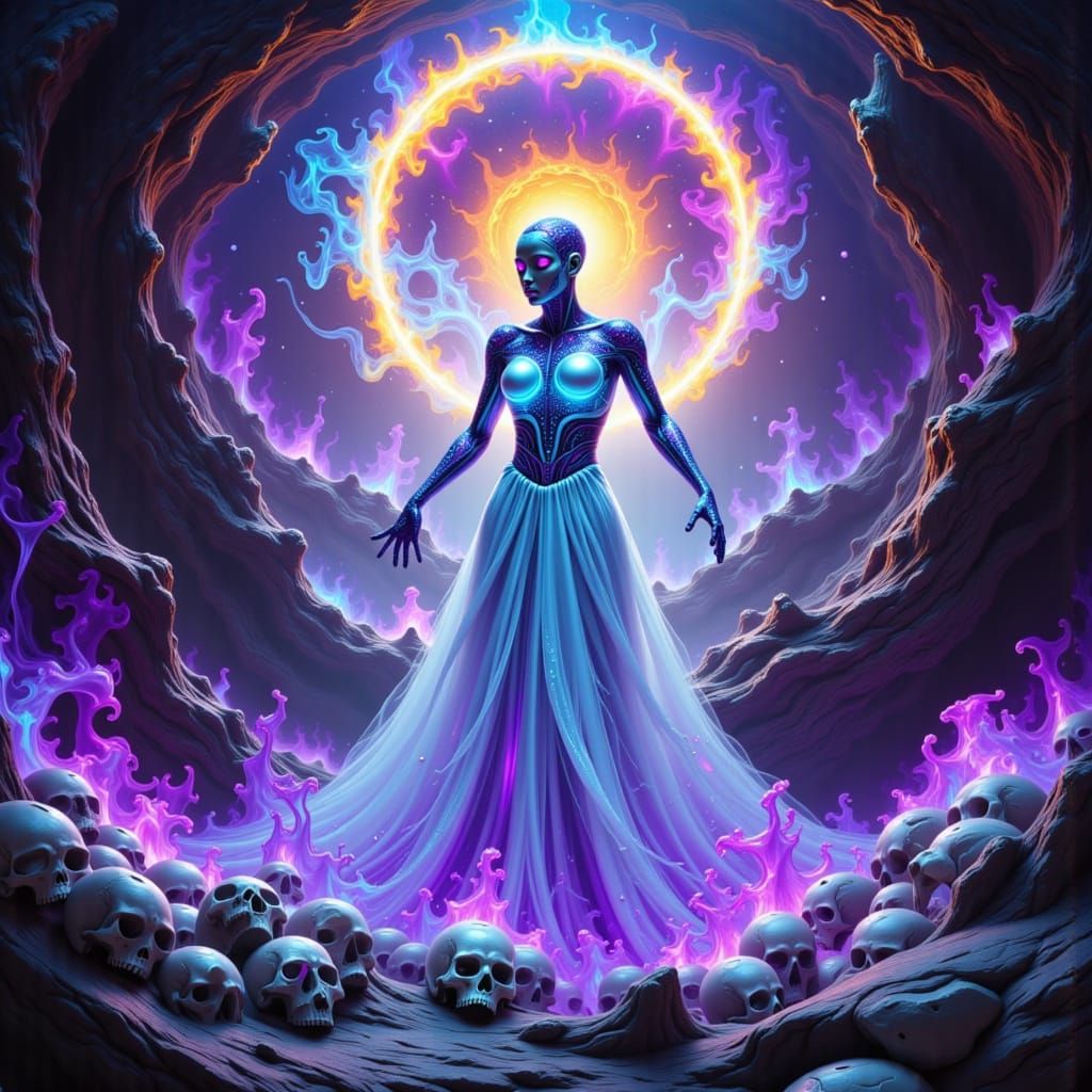 Android Necromancer in Cyberpunk Fantasy Scene