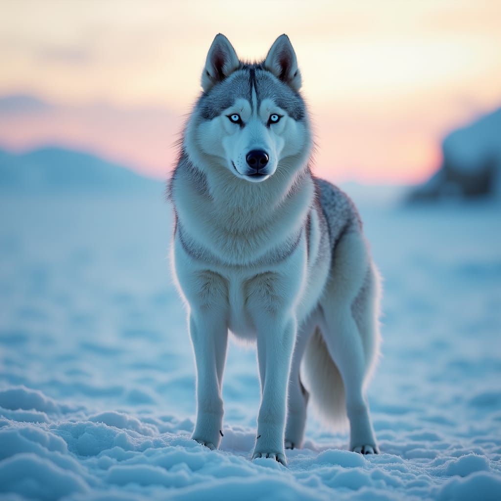 Icy-Eyed Husky in Antarctic Sunset: Digital Matte Painting