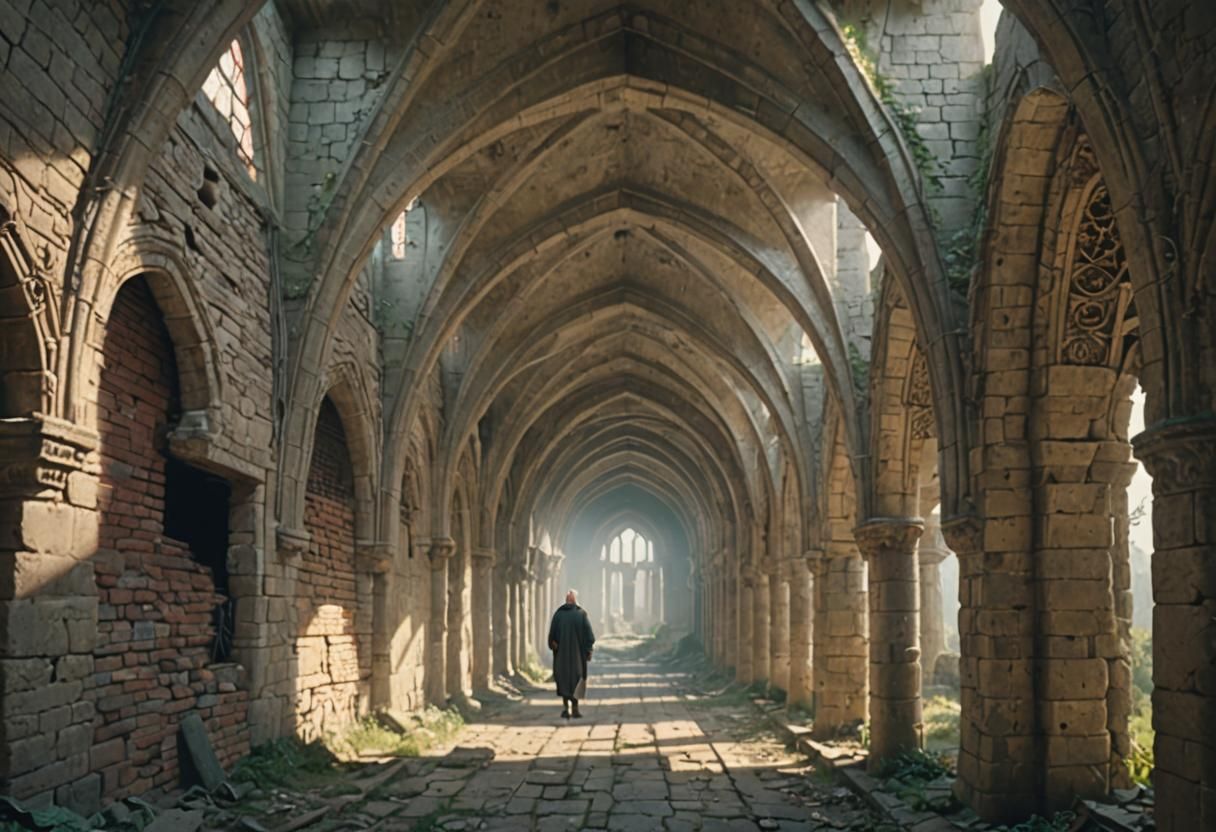 Bald Man in Abandoned Monastery: Digital Matte Painting