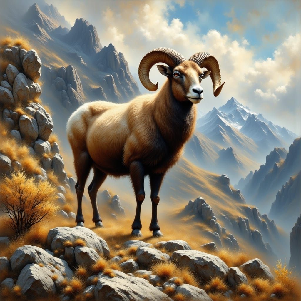 Majestic Ram on Mountain in Digital Art Style