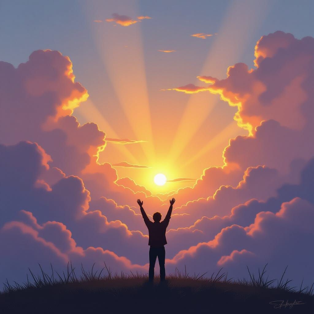 Hopeful Sunrise Silhouette: Light Through Clouds, Digital Pa...