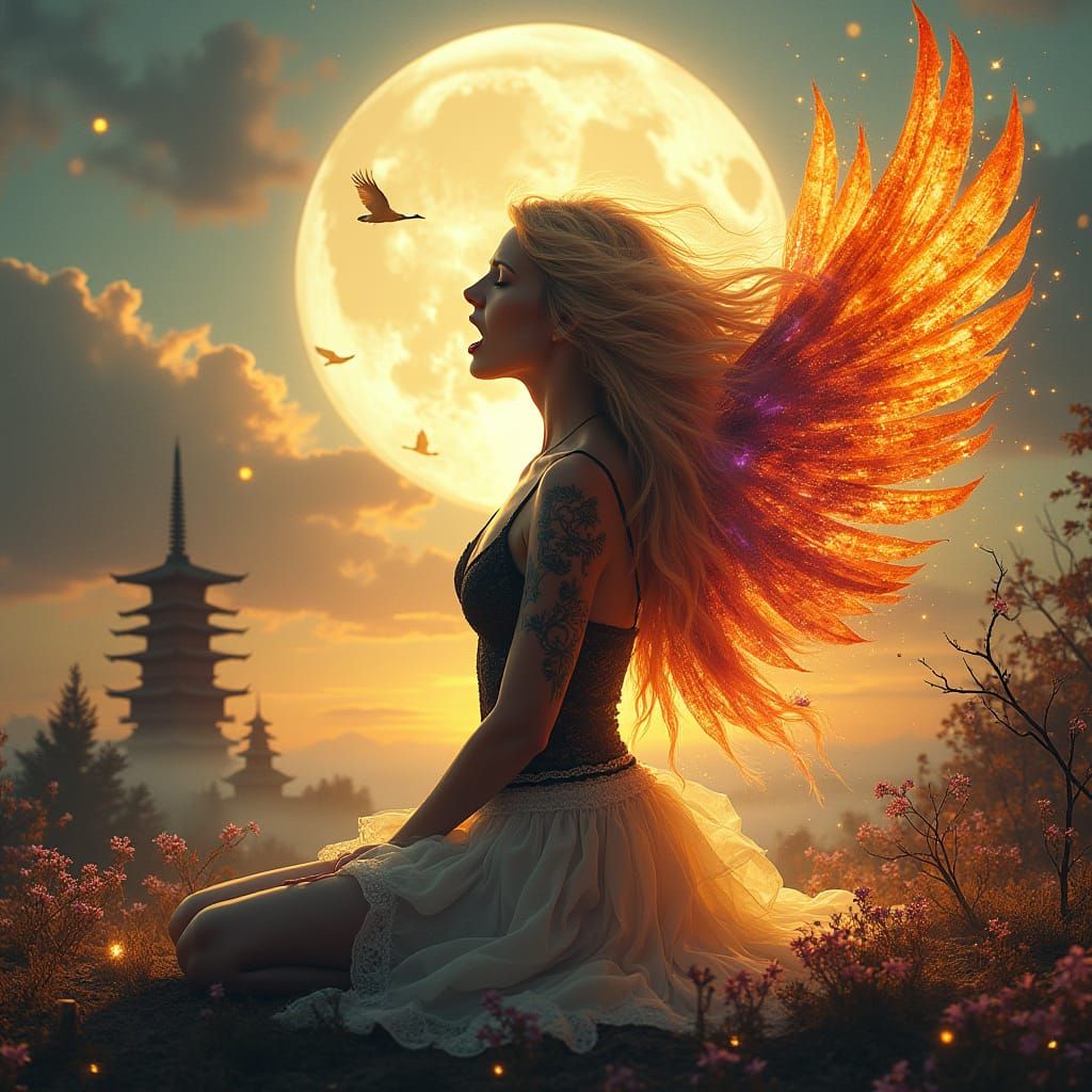 Dark Fantasy Goddess Unfurls Fiery Wings in Scorched Wastela...