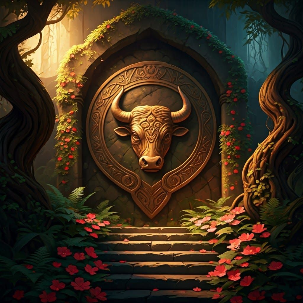 Mystical Bull Emblem in Lush Forest, Digital Art