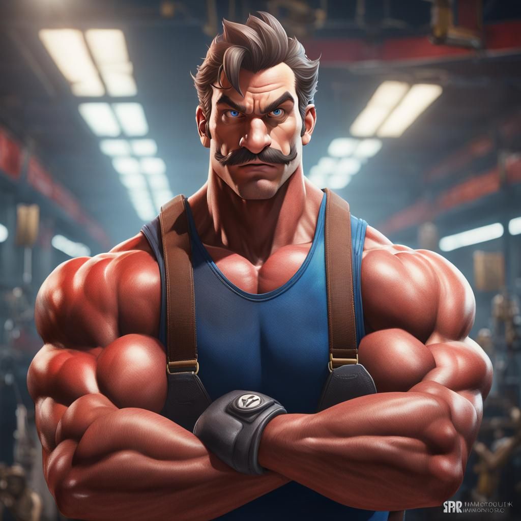 Muscular Super Mario Gym Portrait in Hyperdetailed Style