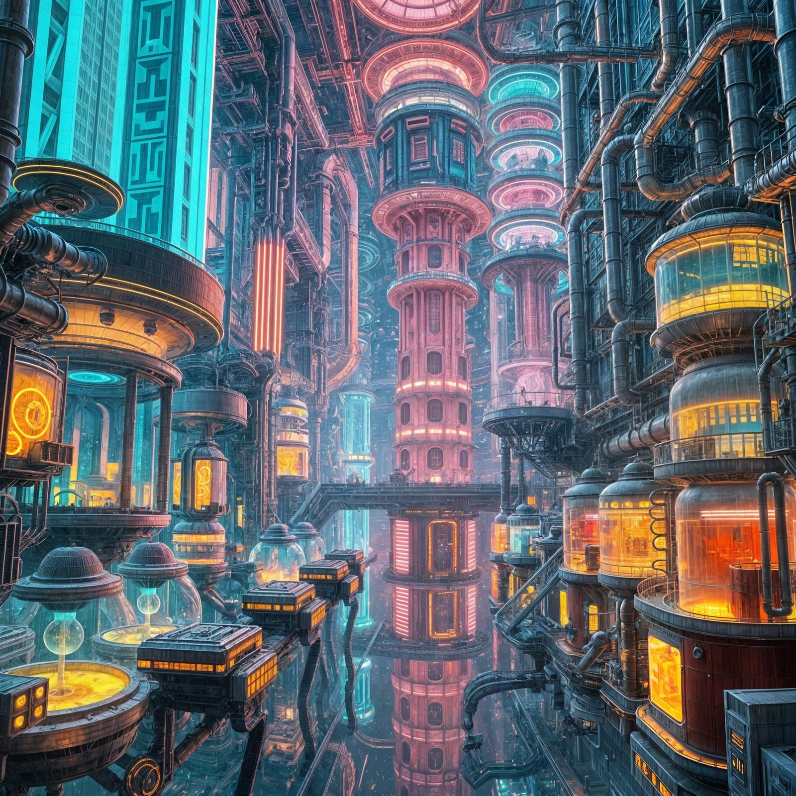Futuristic Science Laboratory Cityscape in Neon and Glass