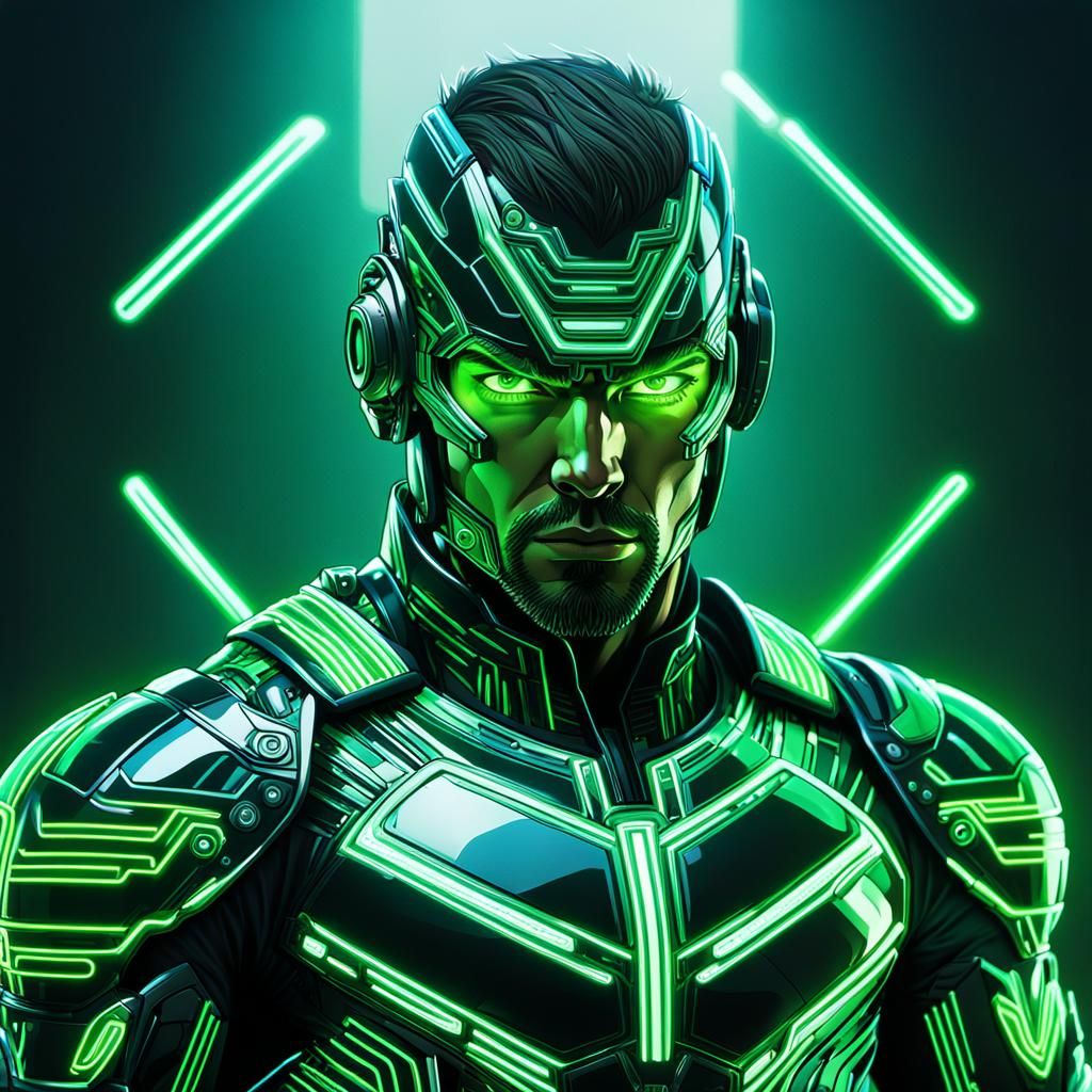Heroic Cyborg in Cyberpunk Style Digital World