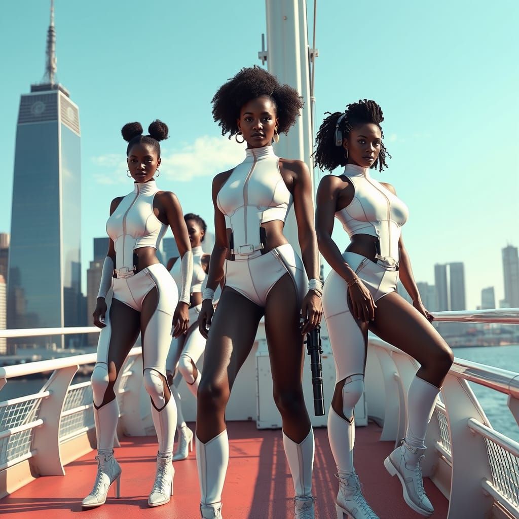 Sleek Women in White Outfits Pose on Manhattan Ferry