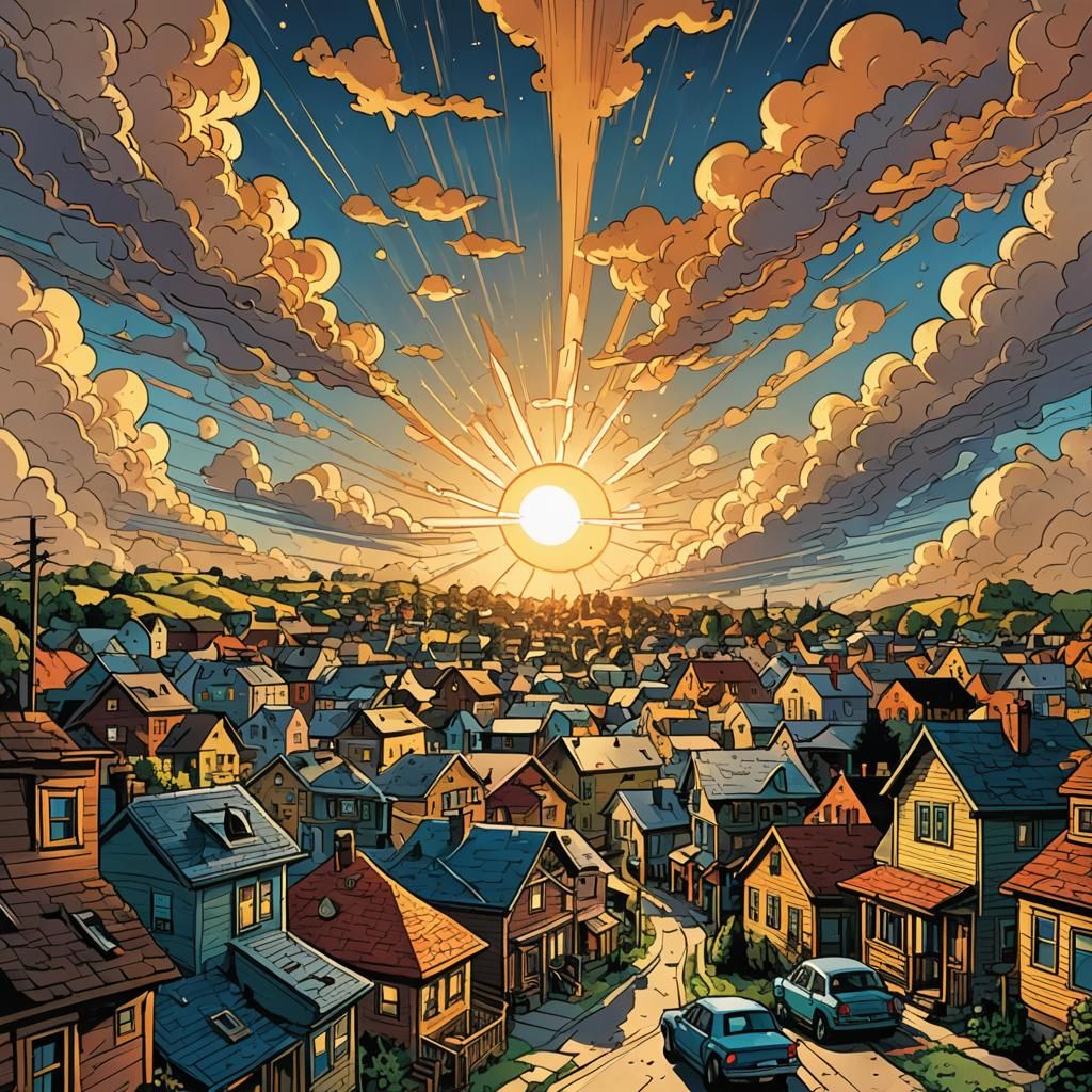 Cartoon Sun Rises Over Town: Comic Book Style