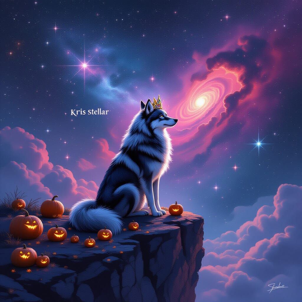 Regal Wolf Queen in Cosmic Dreamscape Digital Painting