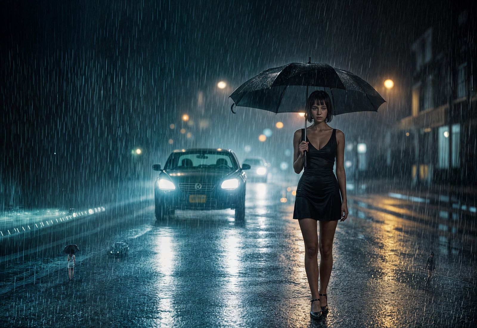 Rainy Night Portrait with Umbrella in Cinematic Style