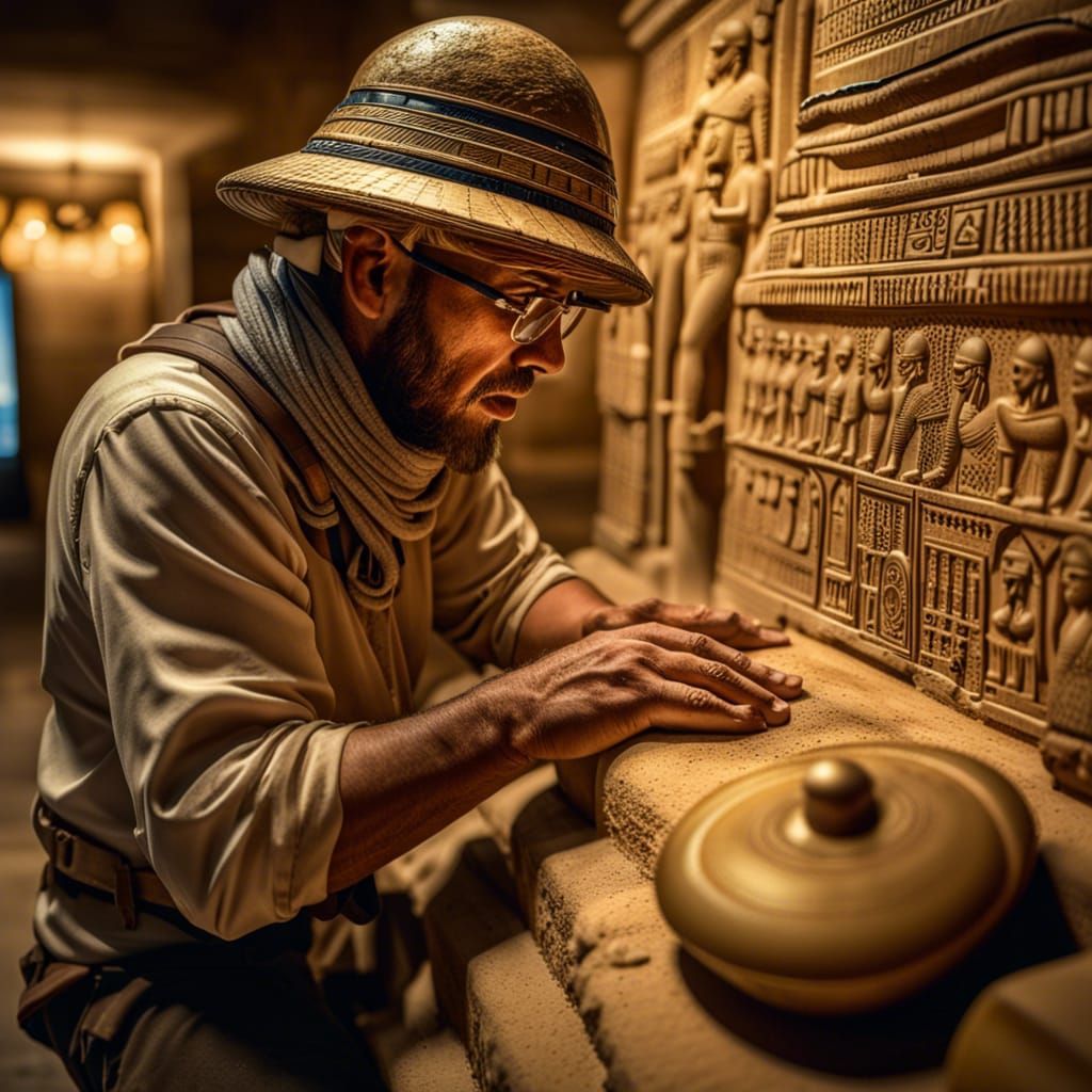 Archaeologist wearing pith helmet exploring Tutankhamen’s tomb sarcophagus and canopic jars