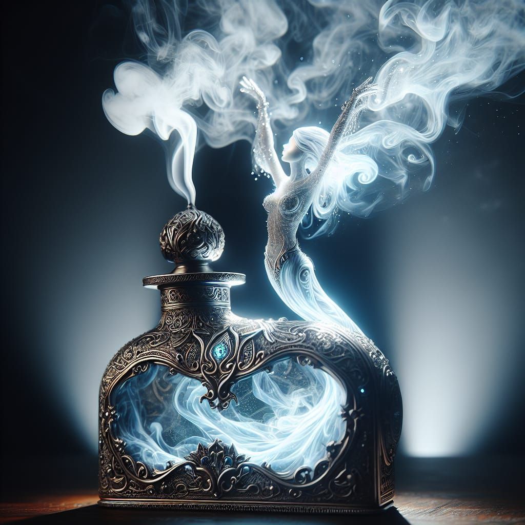 Ethereal Djinni Emerges from Ornate Bottle