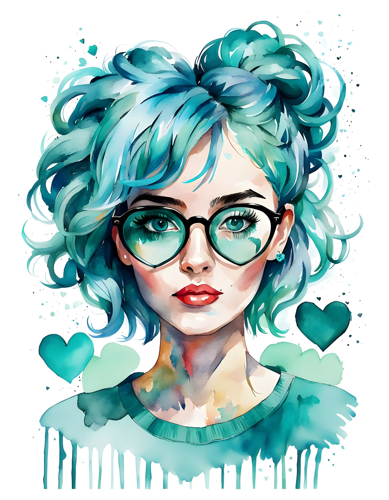 Chic Girl with Turquoise Hair: Watercolor Portrait