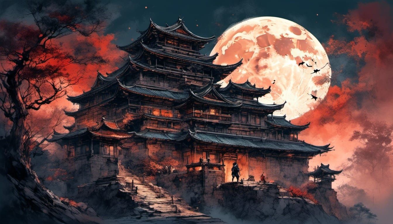 Japanese Castle Under Moonlight with Ninja