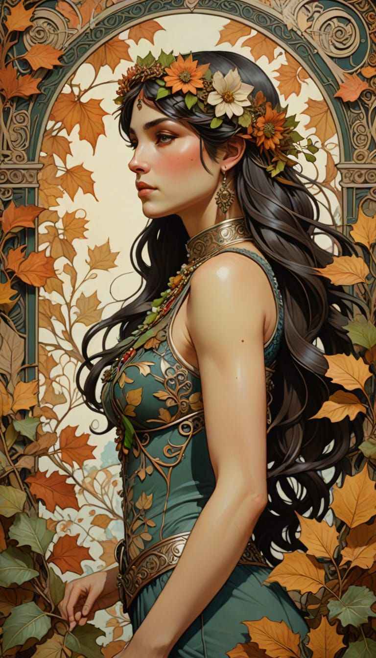Hyperrealistic Beauty in Autumnal Art Nouveau